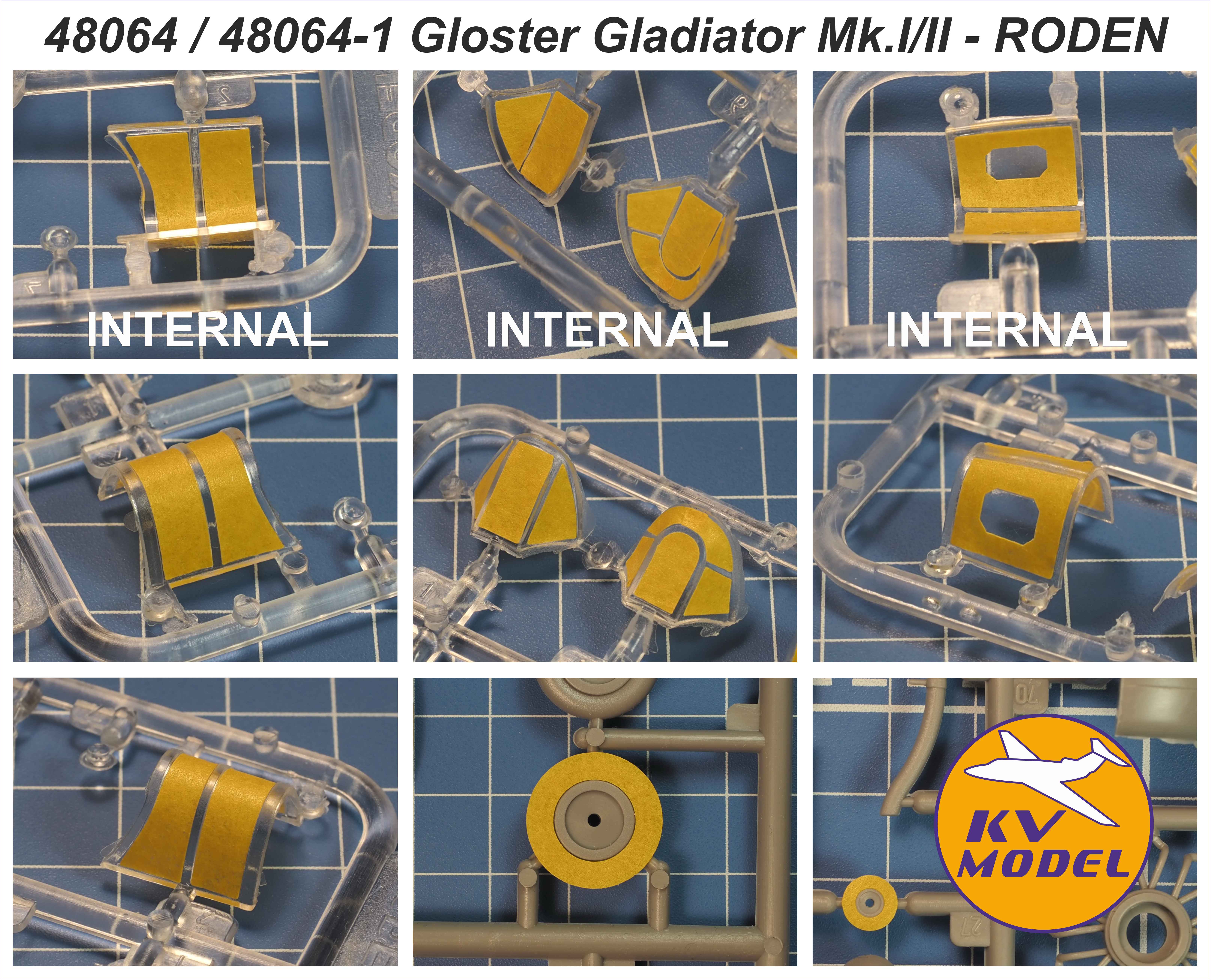 48064KV Окрасочная маска Gloster Gladiator Mk.I / Mk.II / J-8 (RODEN #401, #405, #408, #438 / EDUARD #1145) - (двусторонние маски) + маски на диски и колеса