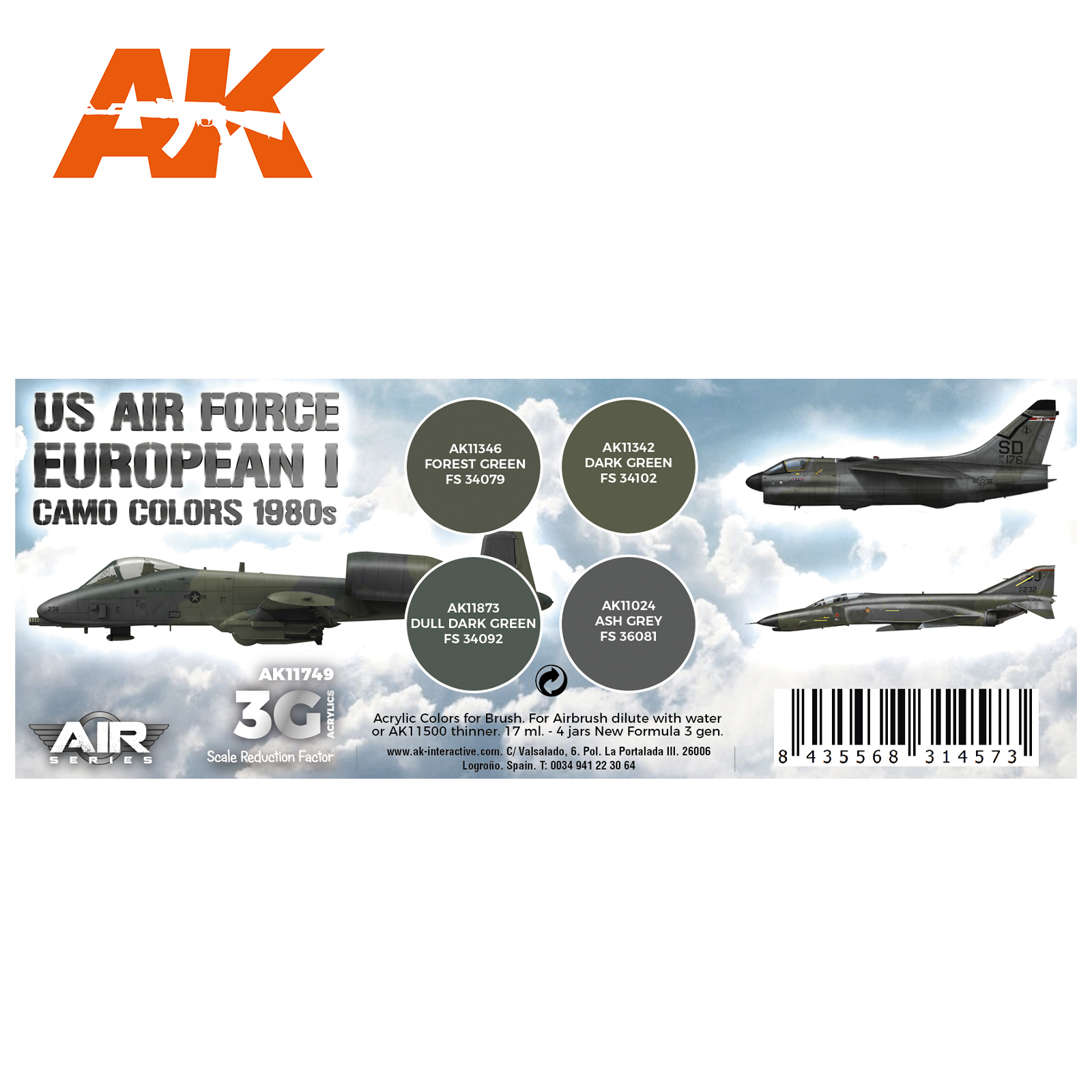 AK11749 Набор красок US Air Force European I Camo Colors 1980s SET 3G