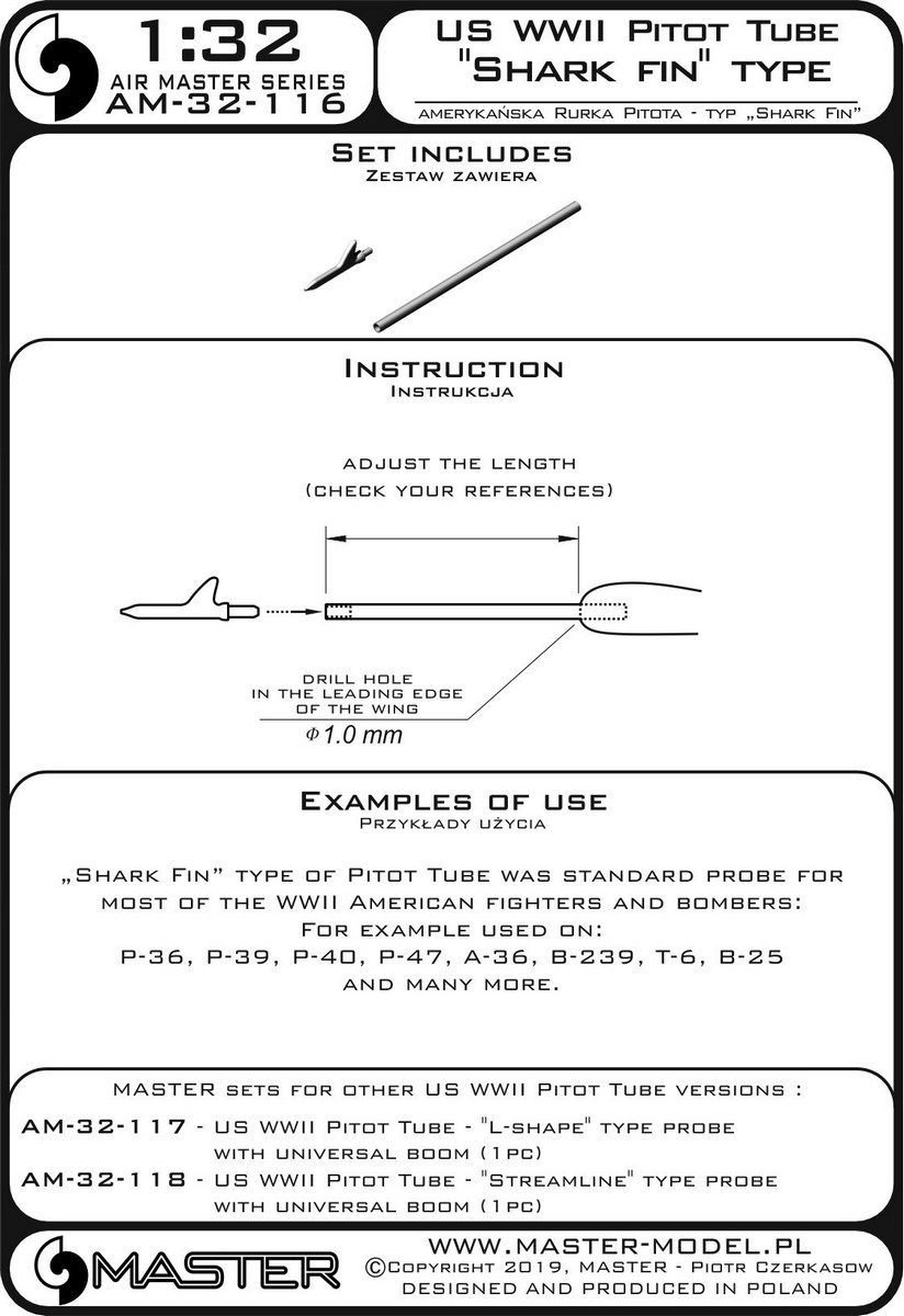 AM-32-116 Трубка Пито США времен Второй Мировой войны - зонд типа «Акулий плавник» (1 шт.) - используется на P-36, P-39, P-40, P-47, A-36, B-239, T-6, B-25. и многое другое