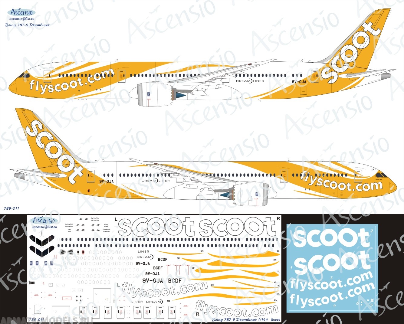 789-011 Декаль для самолета Boeing 787-9 Scoot 1/144