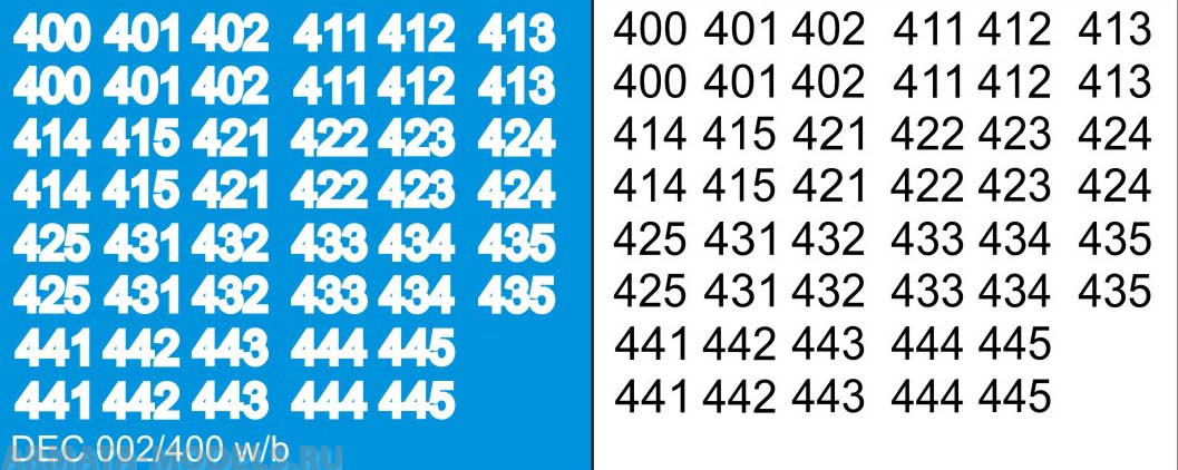 DEC002/400 Номера на немецкую технику масштаб 1/100 с 100 по 400. Цвет – белый контур + черный центр