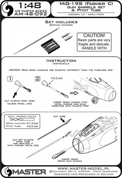 AM-48-092 Дополнение для моделей MiG-19S (Farmer C) - gun barrels set, & Pitot Tube