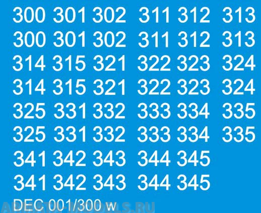 DEC001/300 Номера на немецкую технику масштаб 1/100 с 100 по 400. На ранний период ВоВ. Цвет – белый.
