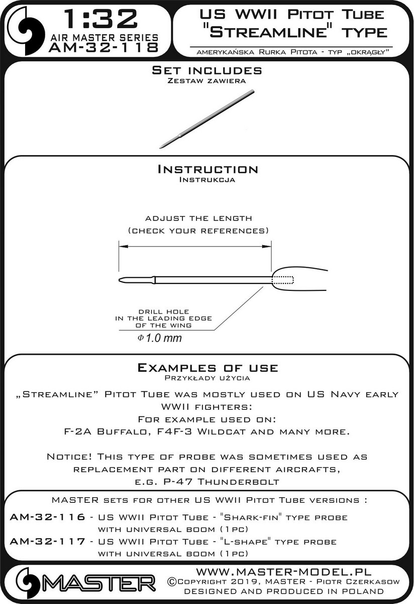 AM-32-118 Трубка Пито США времен Второй мировой войны - зонд типа quot;Streamlinequot; (1 шт.) - в основном использовался на ранних самолетах ВМС США (например, F-2A Buffalo, F4F-3 Wildcat)